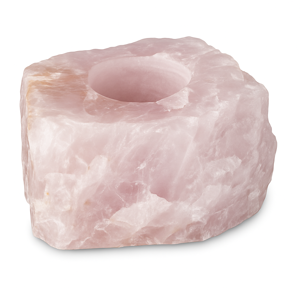 Rose Quartz Rough Candle Holder – Natural Pink Crystal Tealight Holder for Home Decor – Hand Cut in Brazil – Includes Certificate of Authenticity — white_bg