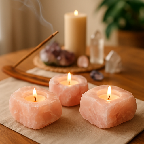 Rose Quartz Rough Candle Holder – Natural Pink Crystal Tealight Holder for Home Decor – Hand Cut in Brazil – Includes Certificate of Authenticity — lifestyle